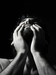 Poster - Emotional portrait of a man with hands on his face expressing deep thoughts in dramatic lighting : Generative AI