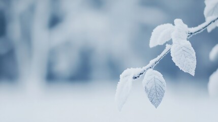 Aufkleber - Closeup of frosty branch with delicate snowcovered leaves creating a winter wonderland effect : Generative AI