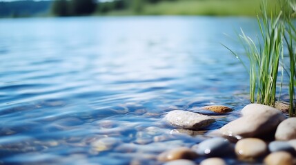Fototapete - Serene lakeside view with smooth stones and fresh greenery under calm water ripples : Generative AI