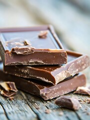 Aufkleber - Delicious dark chocolate pieces stacked beautifully on rustic wooden surface : Generative AI