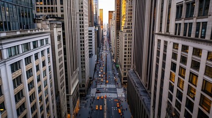 Aufkleber - Breathtaking aerial view of a bustling city street surrounded by tall skyscrapers during golden hour : Generative AI