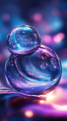 Poster - A close-up shot of two interconnected soap bubbles with glowing, iridescent reflections in shades of pink, purple, and blue, showcasing their fluid and translucent nature.