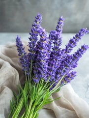 Aufkleber - Freshly harvested lavender bouquet arranged on a soft fabric background in natural light. Generative AI