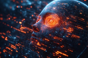 Poster - Futuristic humanoid figure with glowing eyes surrounded by flowing digital data in a high-tech environment