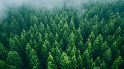 Aufkleber - A breathtaking aerial view of a dense evergreen forest shrouded in morning mist : Generative AI