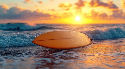 Poster - Golden sunset surf board on beach at sunrise