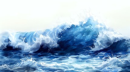 Poster - Dramatic ocean waves in deep blue and white colors crash and surge with dynamic movement and foam spray against light sky background.