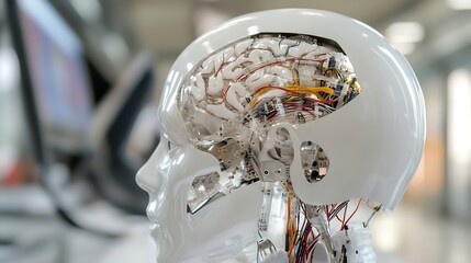 Leinwandbilder - Futuristic robotic head with intricate wiring and exposed circuits showcasing the inner workings of AI technology : Generative AI