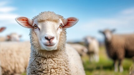 Poster - Close up of a friendly sheep with a fluffy coat grazing in a sunny pasture with other sheep in distance : Generative AI