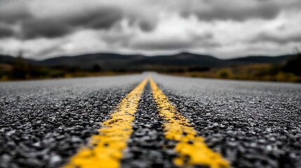 Aufkleber - Empty Asphalt Road Surrounded by Dramatic Cloudy Sky and Lush Green Landscape : Generative AI