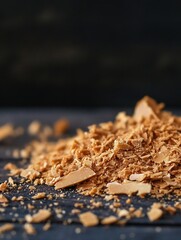 Aufkleber - Close up view of chopped wood shavings scattered on a rustic dark surface : Generative AI