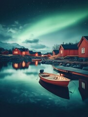Poster - Northern lights illuminate a tranquil Scandinavian village by the water at night. Generative AI