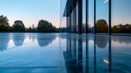 Aufkleber - Modern architecture reflecting the serene beauty of nature in a tranquil evening setting : Generative AI