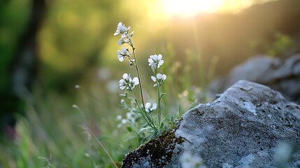 Poster - Delicate white flowers blooming beside a rock in a serene meadow at sunset : Generative AI