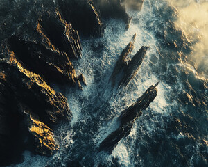 Aufkleber - Aerial view of rocky cliffs surrounded by ocean waves crashing against the rocks, showcasing the raw beauty of the rugged coastline and powerful natural forces. Top view.