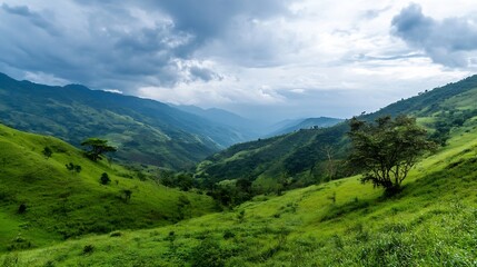 Poster - Breathtaking view of lush green mountains under a cloudy sky capturing the essence of nature : Generative AI