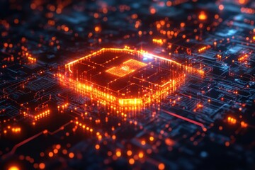 Poster - Electrifying technology visualization depicting a neural network chip illuminated in vibrant orange glow