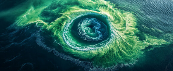 Poster - Aerial view of a circular ocean whirlpool, showcasing the powerful movement of turquoise and white waves in a spiral pattern, symbolizing the dynamic forces of nature. Top View.