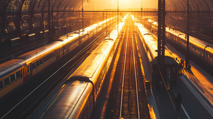Wall Mural - aerial view of sunlit trains at a bustling railway station capturing the essence of travel transport