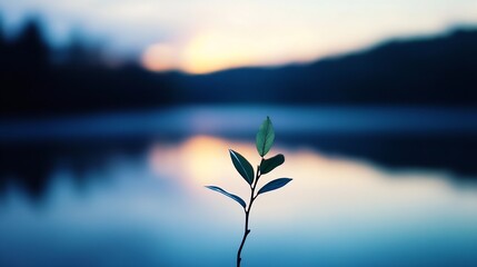 Aufkleber - Single green sprout in focus against a tranquil soft blurred background of water and sunset hues : Generative AI