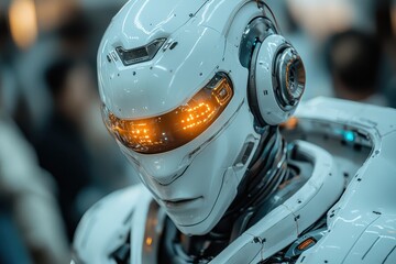 Poster - Futuristic robot showcasing advanced technology at a technology exhibition in a modern urban setting