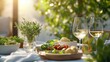© Panida - A beautifully arranged outdoor dining scene featuring fresh salads, wine glasses, and vibrant greenery, perfect for a leisurely meal.
