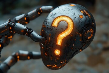 Poster - Robot hand holding glowing question mark in an futuristic environment at dusk
