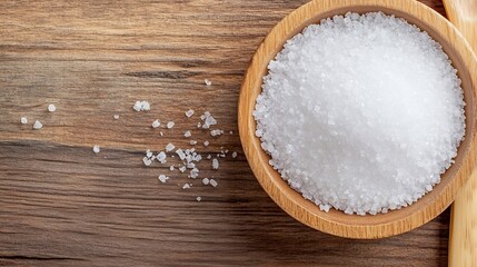 Poster - Close up of coarse sea salt in a wooden bowl on a rustic table showcasing natural texture and freshness : Generative AI