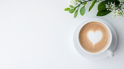 Aufkleber - Beautiful heart pattern created with latte art in a cup surrounded by greenery : Generative AI