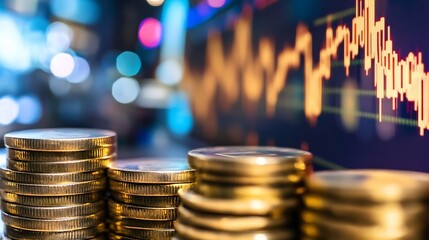 Fototapete - Stack of shiny gold coins under financial data charts symbolizing wealth and investment growth : Generative AI