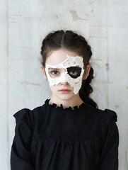 Poster - Portrait of a young girl in a black dress with a lace mask on a textured background : Generative AI