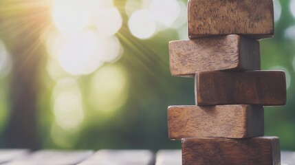 Aufkleber - Closeup view of wooden blocks stacked creatively against a blurred natural background symbolizing balance and play : Generative AI
