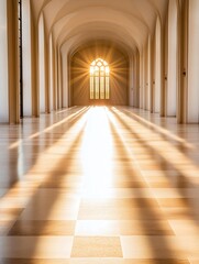 Poster - Sunlight streaming through a grand window illuminating a pristine hallway : Generative AI