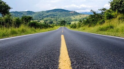 Aufkleber - Open road stretching into the distance surrounded by lush green hills under a clear blue sky : Generative AI