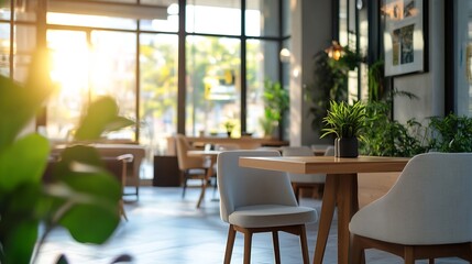 Fototapete - Bright and Inviting Interior of a Modern Cafe with Natural Light and Stylish Decor : Generative AI