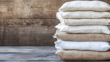 Poster - Neatly Stacked Natural Linen and Cotton Fabric Textiles on Wooden Surface : Generative AI