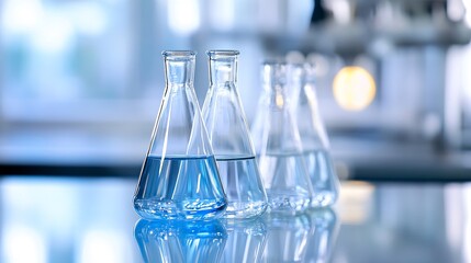 Aufkleber - Three laboratory flasks filled with vibrant blue liquid reflecting natural light on a sleek laboratory surface : Generative AI