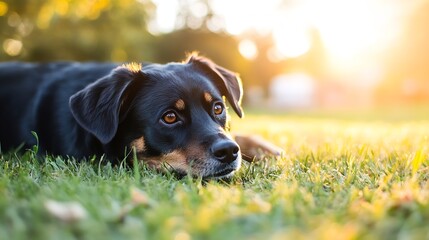Poster - Adorable black dog resting peacefully on the green grass during a warm sunset : Generative AI