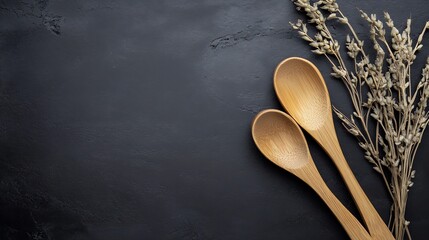 Aufkleber - Natural bamboo wooden spoons on black textured surface with dried herbs : Generative AI