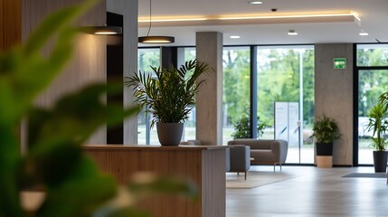 Poster - Modern reception area with greenery and large windows providing natural light and an inviting atmosphere : Generative AI