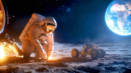 Wall Mural - astronaut explores lunar surface with rover while earth looms in