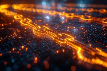 Poster - Digital chain connecting nodes in a network illuminated by glowing lights at night