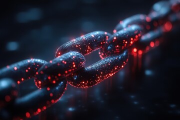 Poster - Chains illuminated by glowing particles create a striking abstract view of interconnectedness in a digital realm