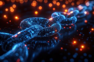 Poster - Digital chain links connecting in a futuristic setting with glowing lights and a cybernetic atmosphere