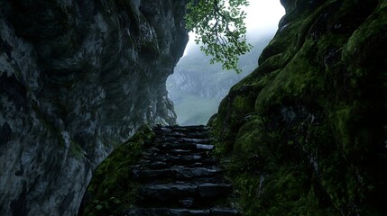 Poster - Serene pathway through a misty forest with moss covered stones and bright green leaves : Generative AI
