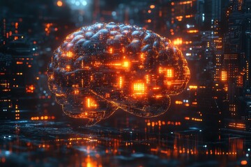 Poster - Digital representation of a brain within a futuristic cityscape highlighted by glowing circuits and lights at night