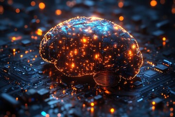 Poster - Digital brain illustration with glowing connections on a circuit board background