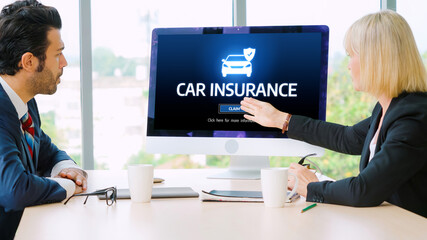 Poster - car insurance online website on computer screen for insure your car damage snugly
