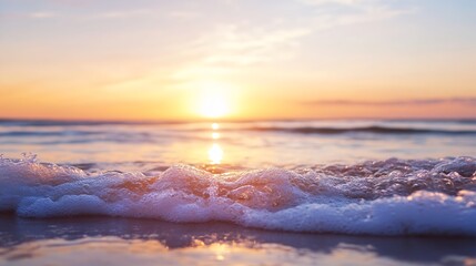 Poster - Soft ocean waves rolling gently onto the shore during a beautiful sunset with reflective light : Generative AI