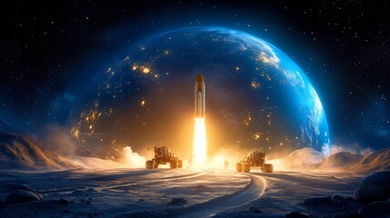 Wall Mural - rocket launch from lunar surface with earth in the background an